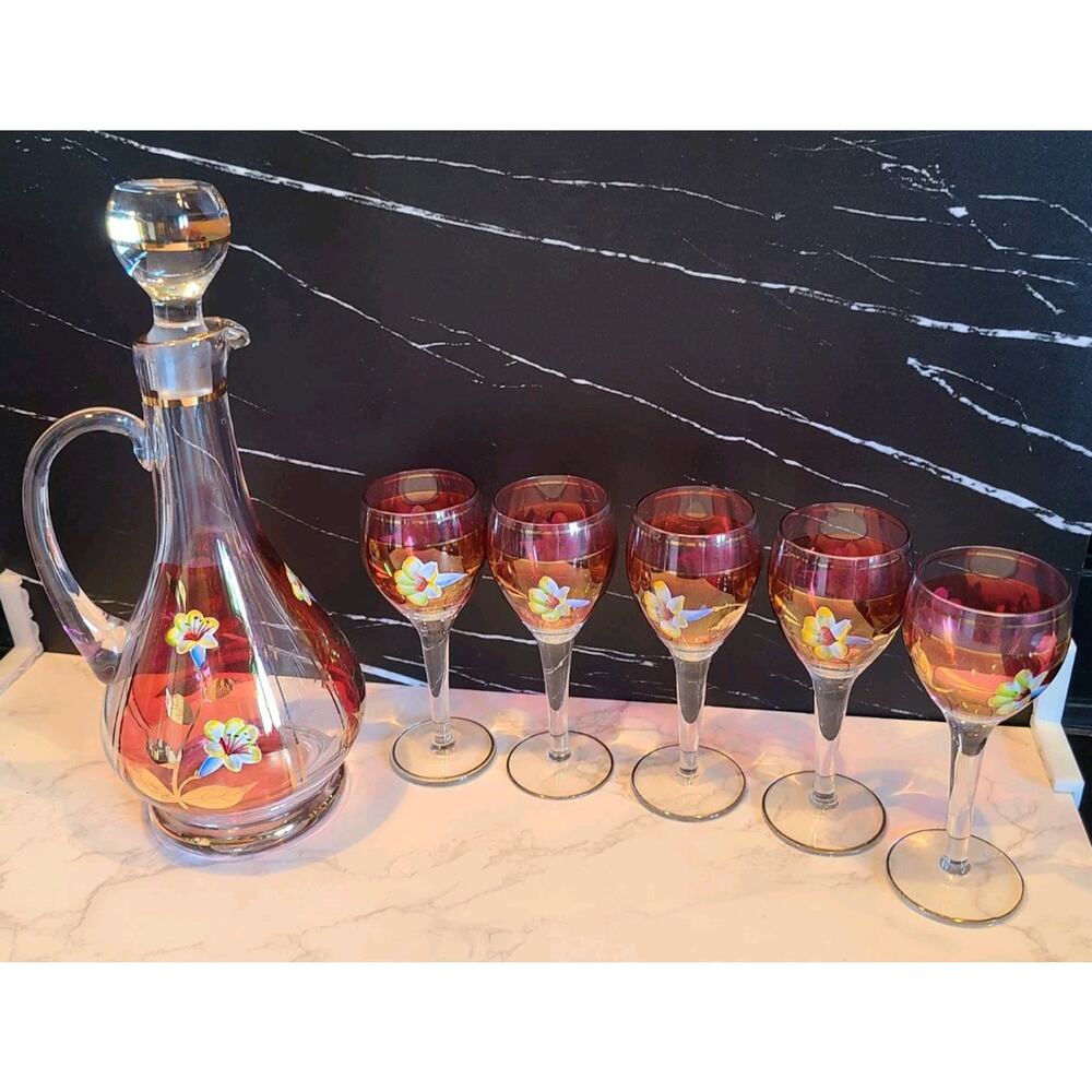 Vintage Floral Wine Glasses & Decanter, Bohemian Red & Gold Set of 6 MCM EUC